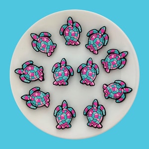 Puede incluir: Doce encantos de tortuga de estilo mosaico en rosa y azul sobre un fondo blanco.