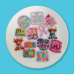 Pode incluir: Uma coleção de acessórios coloridos com tema de enfermeira, incluindo alfinetes e berloques. Os designs apresentam estetoscópios, laços e as palavras "Nurse", "RN" e "911 Dispatcher". Os itens estão dispostos em um prato branco.