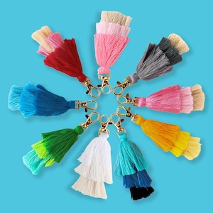 May include: A collection of colorful tassel keychains arranged in a circular pattern against a light blue background. The tassels come in various colors, including red, pink, blue, green, yellow, and white, each with a gold-colored clasp.