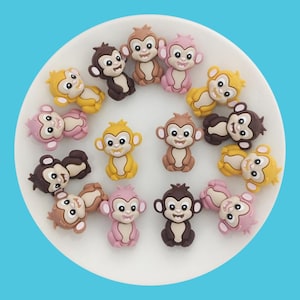 May include: Assortment of 14 small monkey-shaped silicone charms in various colors, including brown, pink, yellow, and tan. The charms have smiling faces and are perfect for adding a playful touch to crafts and jewelry.