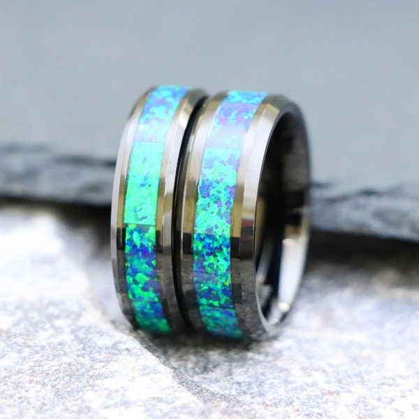 Green and Blue Opal Rings, Galaxy Opal Men's Engagement Rings, Opal Wedding Ring, Men's Black Tungsten Wedding Bands, Matching Couple Ring