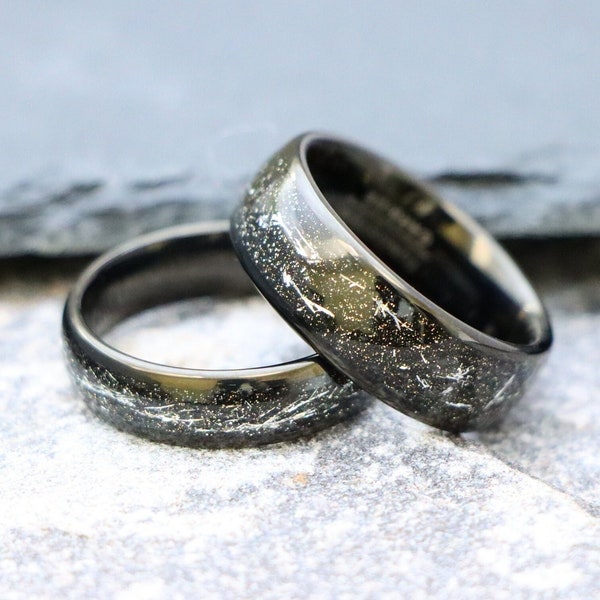 Galaxy Silver Meteorite Inlay Bands,Unisex Anniversary Rings,Gift For Wife,Female Wedding Bands,Couple Rings, Black Tungsten Engagement Ring