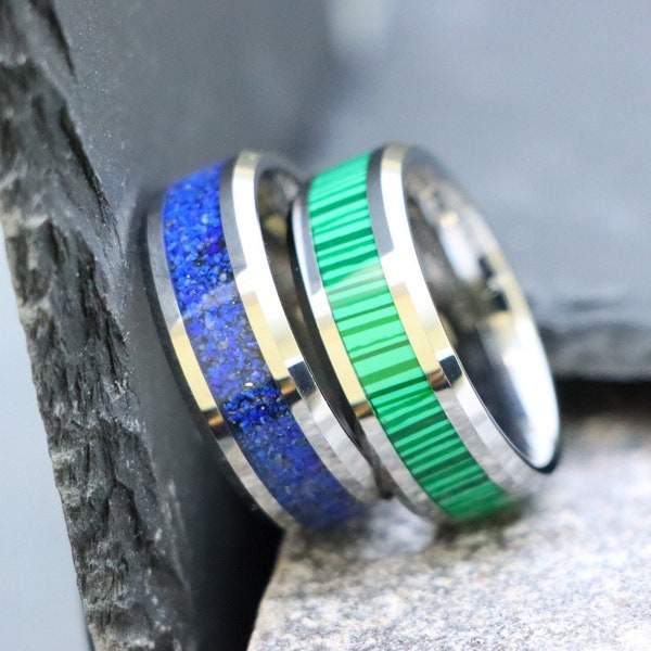Faux Green Exotic Promise Bands,Blue Lapis Lazuli Inlay Wedding Rings,Couple Engagement Bands,Groom Gifts,Silver Tungsten Personalized Rings