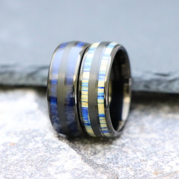 Men's Wood Ring, Two Inlay Exotic Blue Wood Inlay Dome Wedding Ring, Wood Inlay Anniversary Band for Men, 8mm Blue Dyed Bamboo Wedding Band