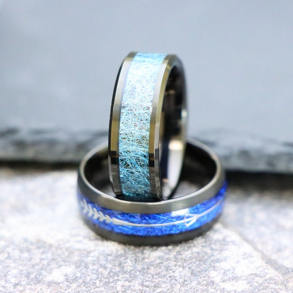 Blue Meteorite Inlay Engagement Ring,Feathered Arrow Inlay Black Tungsten Ring, Mans Wedding Band,Women Ring,Silk Inlay Engrave Ring For Him