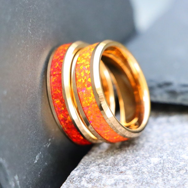 His and Her Ring Red Lava Opal Wedding Band Rose Gold Tungsten Ring with Red Fire Opal Inlay Ring Rose Gold Couple Ring Mens Engagement Ring