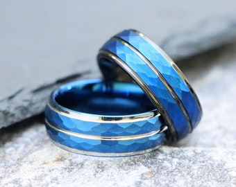 Blue Hammered Tungsten Ring, Anniversary Ring, Men's Wedding Band, Women's Engagement Ring, Black Tungsten Ring for Men, Womans Promise Ring