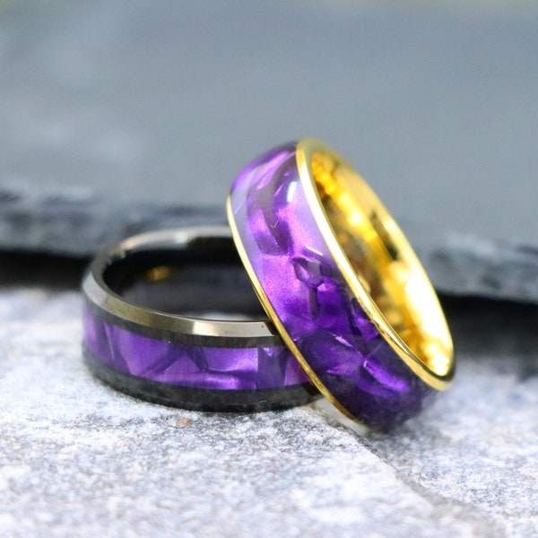 Black Gold Promise Ring for Her, Purple Tiger Cowrie Inlay Men's Unique Engagement Rings, 8mm Gold Tungsten Mens Bands, Cowrie Wedding Rings