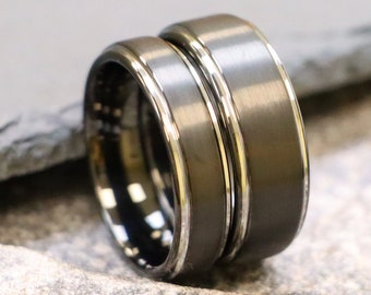 Anelli in tungsteno nero da 6 mm, 8 mm, regalo per il marito, anelli centrali spazzolati neri bicolore, fasce con bordo a gradini color argento, regali di anniversario perfetti