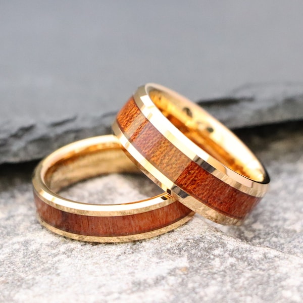 Unique Stacking Eternity Ring, Women Anniversary Gift, Dainty Daily Wear Ring, Rose Gold Couple Rings, Hawaiian Koa Wood Inlay Wedding Bands