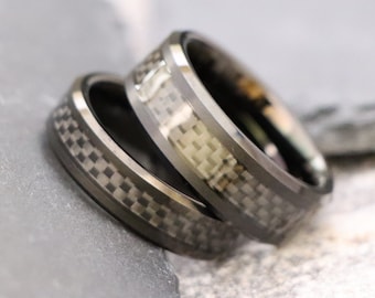 Black Carbon Fiber Inlay Promise Rings, Men's Engagement Rings, Matching Couple Wedding Bands, Gift For Fiance, Black Tungsten 6mm/8mm Rings