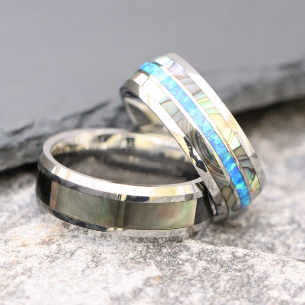 8mm Silver Womens Ring, Wedding Ring, Blue Opal Inlay Dome Tungsten Wedding Band Mens Tungsten Engagement Ring Mother of Pearl Inlay Ring