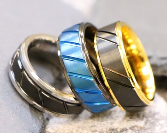 Blue Tungsten Wedding Ring,Black Inlay Diagonal Grooved Tungsten Promise Bands,Gold Tungsten Proposal Rings,Silver Tungsten Engagement Bands