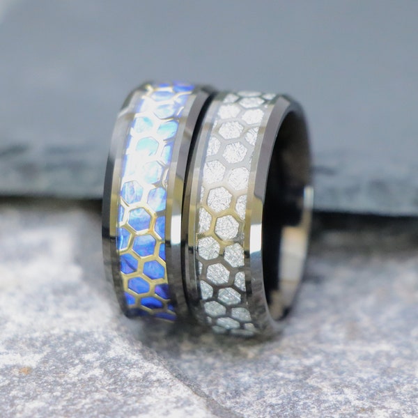 Blue Opal Inlay Mens Wedding Bands, Honeycomb Pattern Inlay Tungsten Ring, Blue Opal Mens Ring, Unisex Engagement Ring, Men's Honeycomb Ring