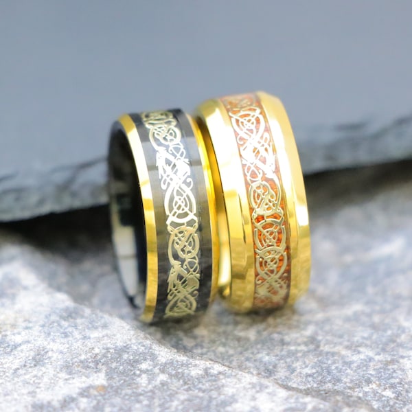 Celtic Tungsten Wedding Ring, Dragon Celtic Inlay Rings, Mahogany Wood Ring, Mens Wedding Bands, Gold Titanium Ring, Engagement Band for Men