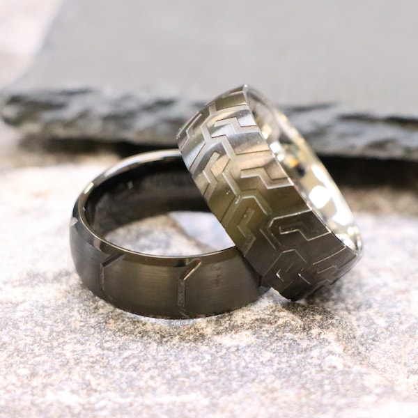 Men's Wedding Bands, Tire Tread Ring, Women's Engagement Ring, Unisex Wedding Ring, Valentine Gif for Boyfriend, Tire Design Tungsten Rings