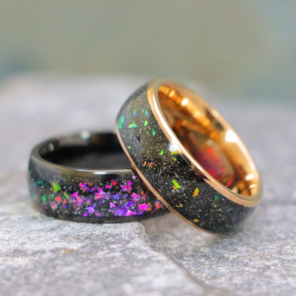 Abalone Wedding Ring Crushed Opal Inlay Black Tungsten Man's Wedding Band Domed Engagement Ring Rose Gold Men's Ring Women's Opal Inlay Ring