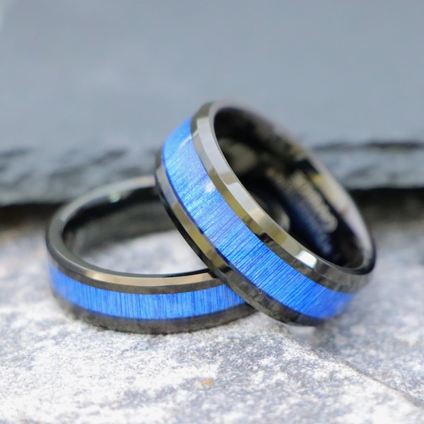 Blue Dyed Bamboo Grain Fiber Inlay Promise Ring, Mens Engagement Ring, Wood Bands, Couple Rings, 6mm/8mm Men's Black Tungsten Wedding Bands