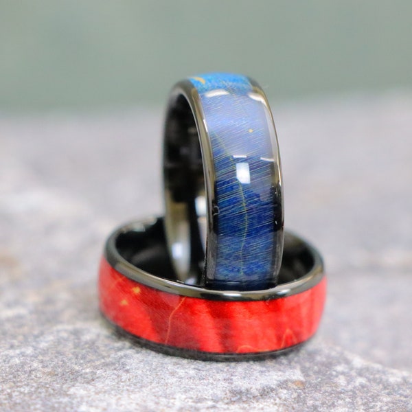 Incrustation de couleur bordeaux clair, alliances en tungstène noir, alliance avec gravure, anneau d'anniversaire pour homme, bague couleur bleu azur pour femme