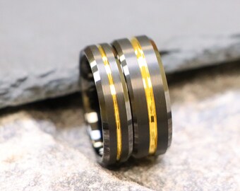 Wedding Band Gold Step, Engraved Couple Ring, Proposal Ring, Tungsten Anniversary Ring, Mens And Women's Rings. Black Tungsten Ring For Men