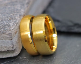 Gold Wedding Band, Engagement Rings, Anniversary Rings, Proposal Ring, Yellow Gold Tungsten Wedding Ring, Couple Ring, Men's Eternity Band
