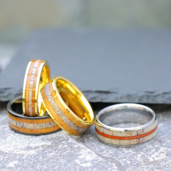 6mm/8mm Couple Rings,Men's Deer Antler & Whiskey Barrel Wood Inlay Unique Wedding Ring, Wood Ring, Engagement Ring,Yellow Gold Wedding Bands