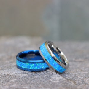 Blue Opal Ring, Gift For Him, Tungsten Wedding Ring with Fire Opal Inlay, Anniversary Ring, Men's Wedding Ring, Engagement Ring, Womens Ring image 7