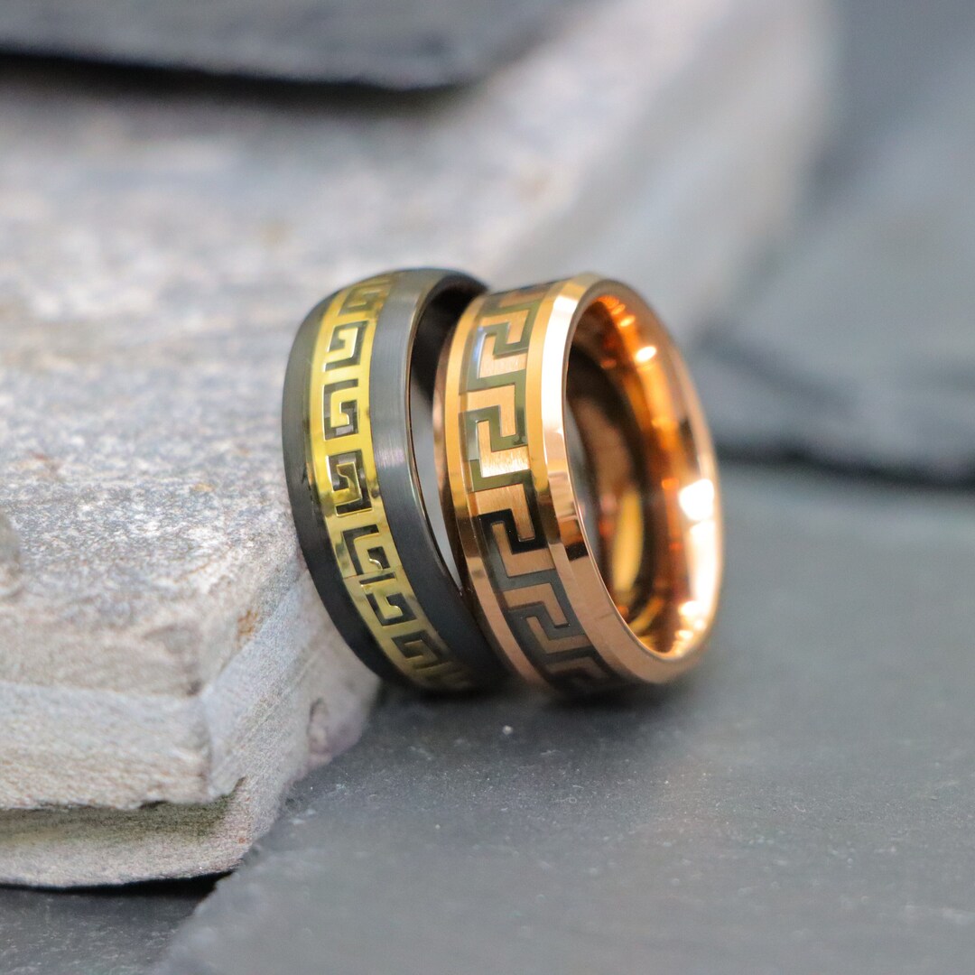 Greek Key Inlay Tungsten Ring Black Tungsten Men's Etsy