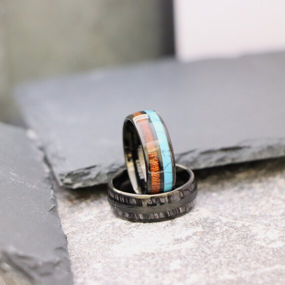 Black Promise Rings Wood Inlay Rings Charcoal Wood Engagement Rings for Couples Unique Koa Wood Rings Turquoise Tungsten Wedding Bands Etsy
