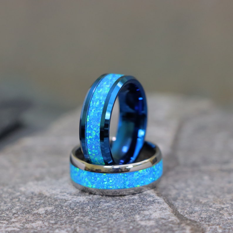 Blue Opal Ring, Gift For Him, Tungsten Wedding Ring with Fire Opal Inlay, Anniversary Ring, Men's Wedding Ring, Engagement Ring, Womens Ring image 9