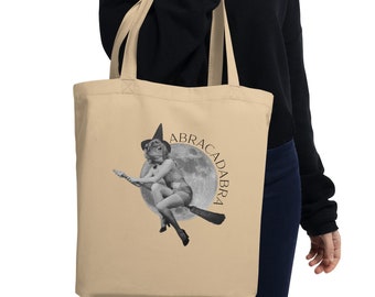 Pinup Vintage Style Frog Witch Eco Tote Bag | Abracadabra | Halloween Frog | Witch on a Broom Bag