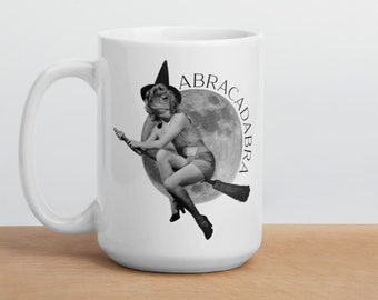 Frog Witch Mug | Abracadabra | Halloween Frog | Witch on a Broom | Pinup Vintage Witch Mug