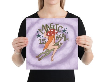 Real Magic Foraging Photo paper poster  | Fairies, Toads, Mushrooms, Magic | Cottage Core Poster Print
