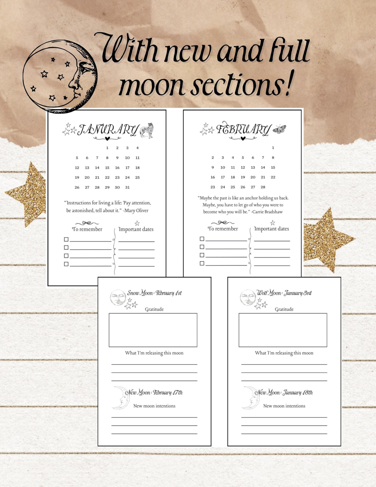 Pretty Planner Header 2026 Monthly Personal Planner Header Inserts, With New and Full Moon ...