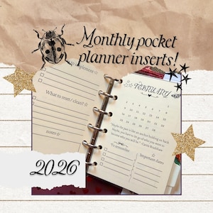 Puede incluir: Insertos de planificador de bolsillo con el texto "Monthly pocket planner inserts!" y "2020". El planificador está abierto a una página de calendario de febrero con una cita. Elementos decorativos: una mariquita, estrellas y un efecto de papel rasgado.