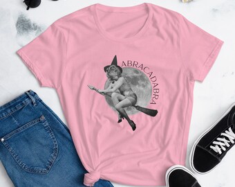 Frog Witch Women's Fitted Basic T Shirt | Abracadabra | Halloween Frog | Witch on a Broom | Pinup Vintage Witch Shirt
