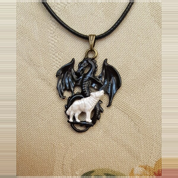 Dragon and Wolf Pendant with Cord Necklace