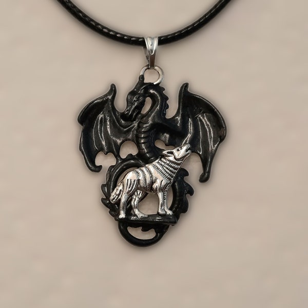 Dragon and Wolf Pendant with Cord Necklace