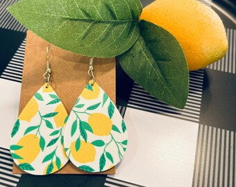 Lemon Print Teardrop Faux Leather Earrings