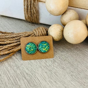 12mm Green with Silver Setting Stud Earrings