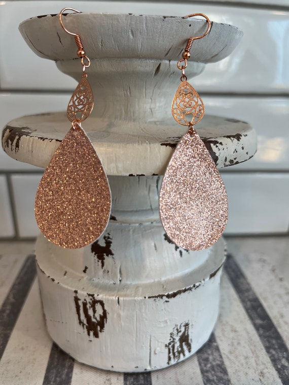 Rose Gold With Charm Faux Leather Earrings, Gifts for Her