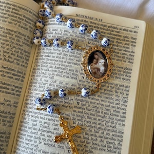Floral Ceramic Bead Rosary: Mary & Baby Jesus Centrepiece, Handmade Catholic Gift