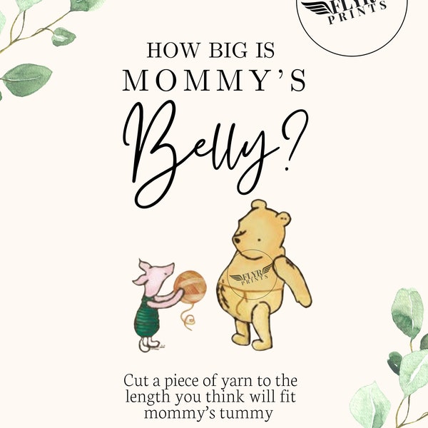 Clásico Winnie the Pooh Bear Fun Baby Shower Game - ¿Qué tan grande es el vientre de mamá? -Tarjetas de adivinación -Impresión digital instantánea - Personalizable - 8x10 5x7