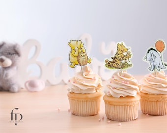 Classic Winnie the Pooh cupcake toppers Dessert toppers picks Baby shower Birthday 24 pieces