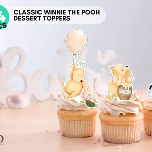 May include: 24 Winnie the Pooh themed dessert toppers featuring Winnie the Pooh, Piglet, and Eeyore. The toppers are printed on cardstock and are perfect for adding a touch of whimsy to your next party.