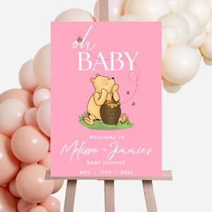 Classic Winnie the Pooh Oh Baby Baby shower Welcome sign -Pink - Customize