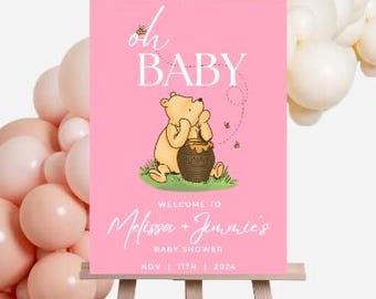 Classic Winnie the Pooh Oh Baby Baby shower Welcome sign -Pink - Customize