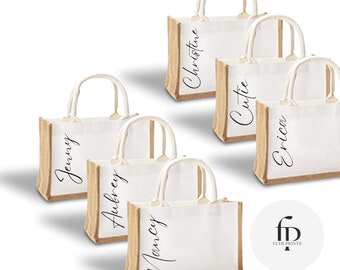 Personalized Small Mini White Burlap Beach Tote Bag  Bachelorette Gift  Wedding Party  Bridesmaid Proposal Custom Beach Bag with name
