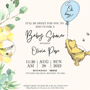 Classic Winnie the Pooh Bee Baby Shower Invitation -Custom Digital Print - Editable -Any size - Evite - Digital baby shower invitation text