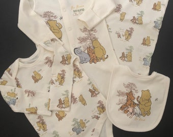 Winnie The Pooh 4 Piece Sleepsuit -Bodysuit -Bib -Baby Bag Set